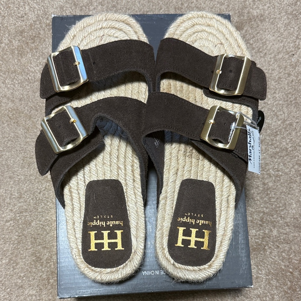 Haute Hippie Dark Brown Suede Slides with Gold Tone Buckles
